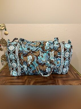 Vera Bradley Retired Java Blue Brown Paisley Quilted Cotton Travel Duffel Bag